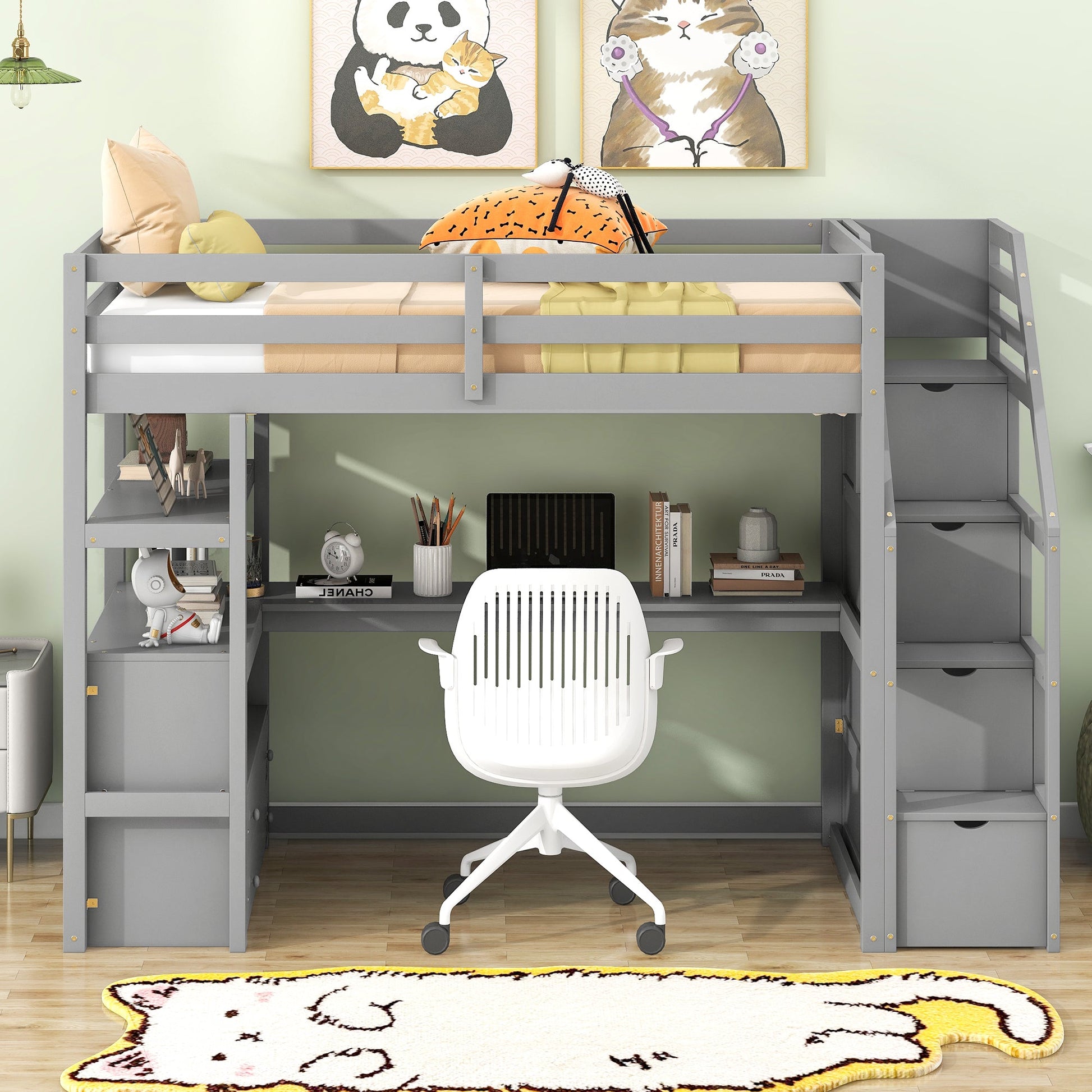 Twin Size Loft Bed with Desk and Shelves Two Built-in Drawers, Storage Staircase Gray - Korvel
