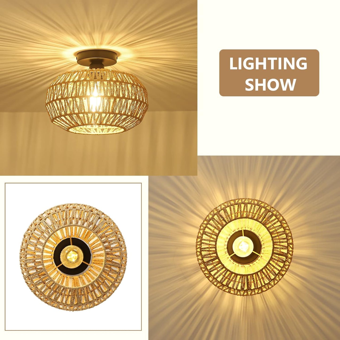 Rattan Light Fixtures Ceiling Mount,Boho Ceiling Light Fixture with Dimmable LED Bulb Mini Hand Woven Rattan - Korvel