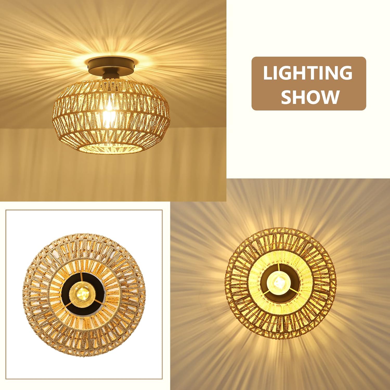 Rattan Light Fixtures Ceiling Mount,Boho Ceiling Light Fixture with Dimmable LED Bulb Mini Hand Woven Rattan - Korvel