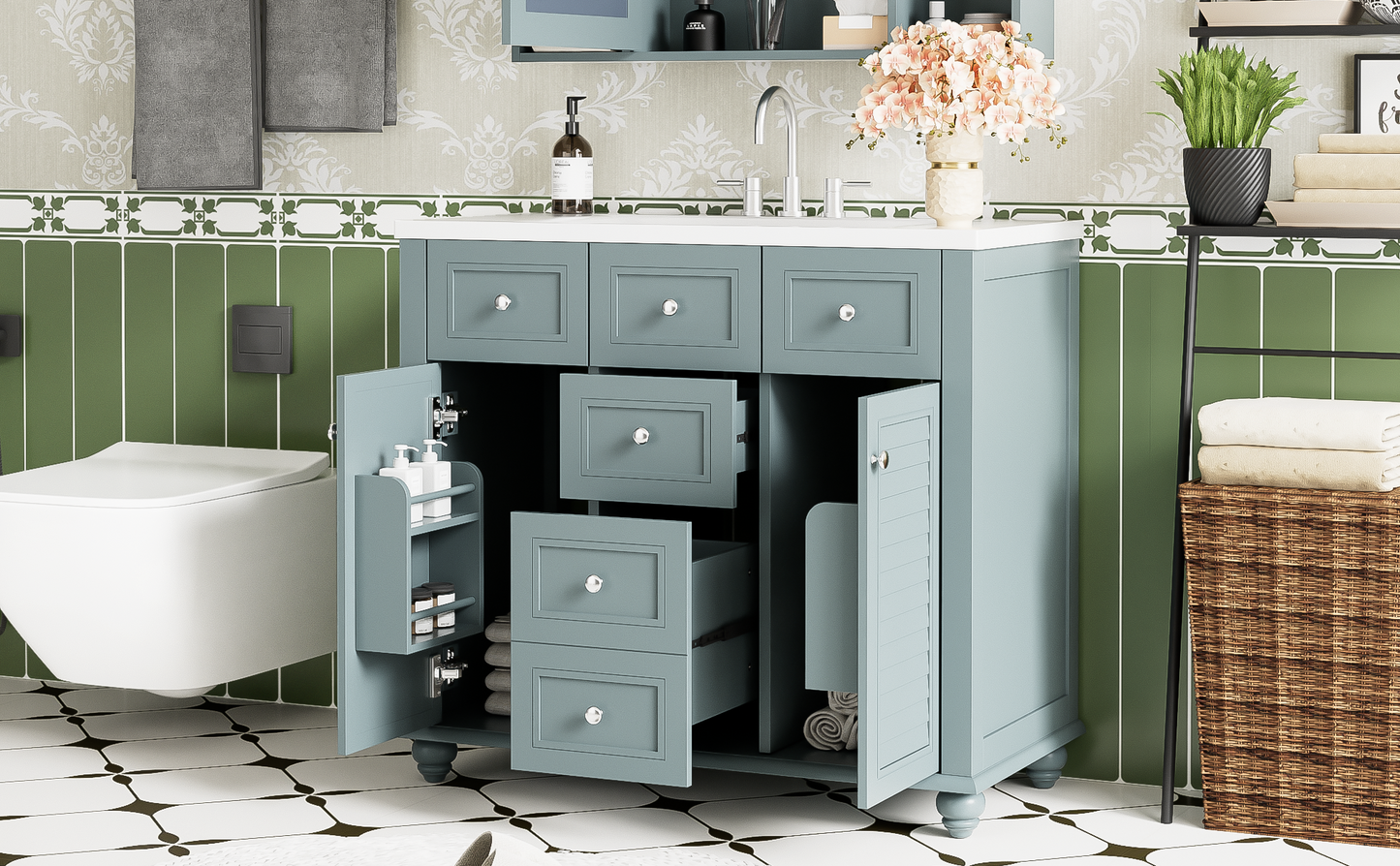 36 "bathroom makeup cabinet with resin sink combination and 2 drawers, with soft closing door, blue color - Korvel