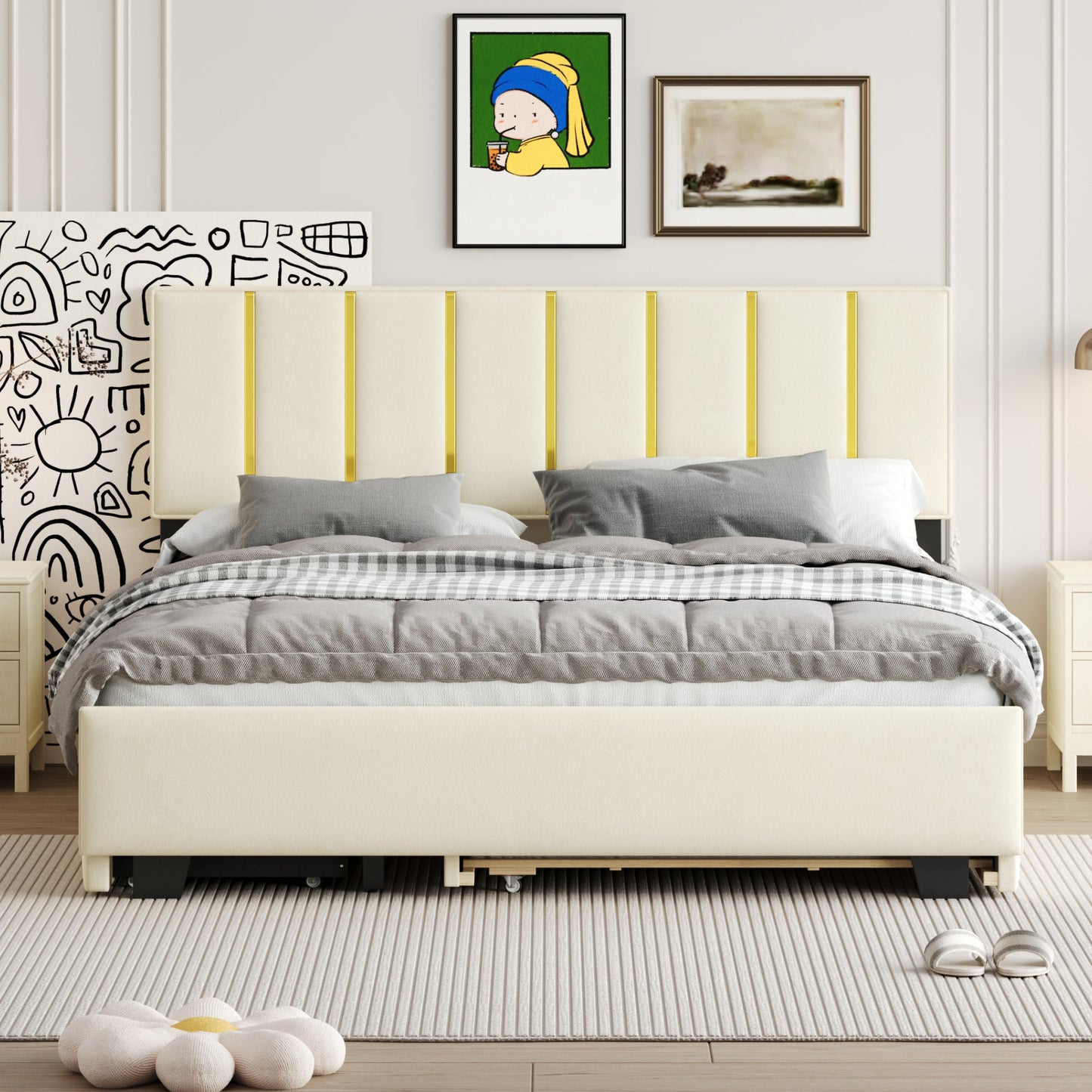 Elegant Queen Size Upholstered Platform Bed with Storage and Trundle