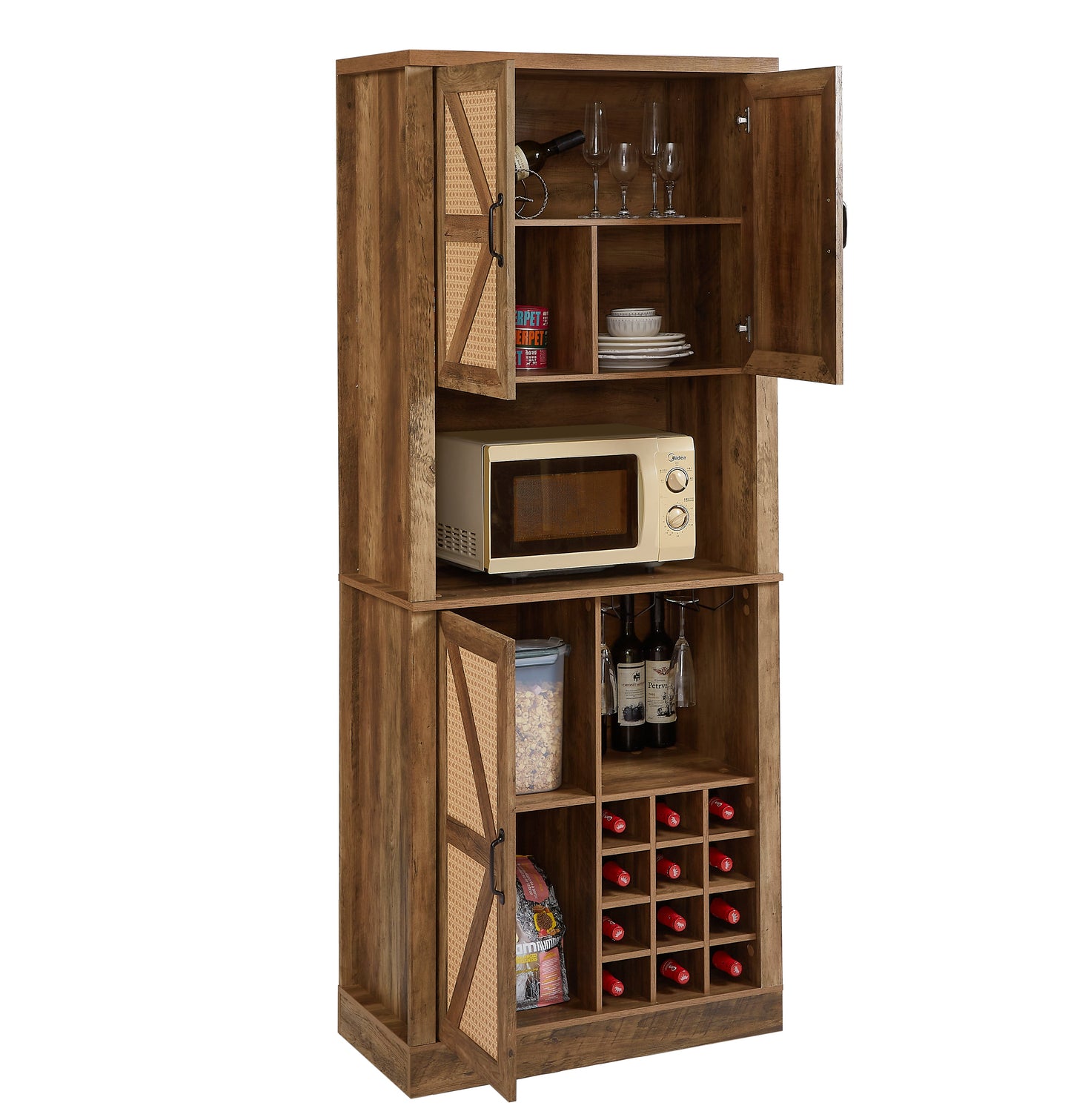 76-Inch Rustic Oak Farmhouse Wine Cabinet with Faux Rattan