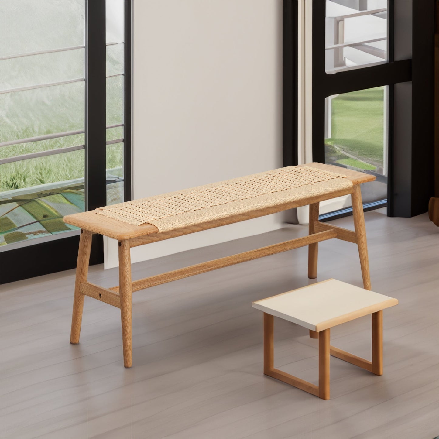 Woven Design Natural Oak Wood Backless Dining Bench