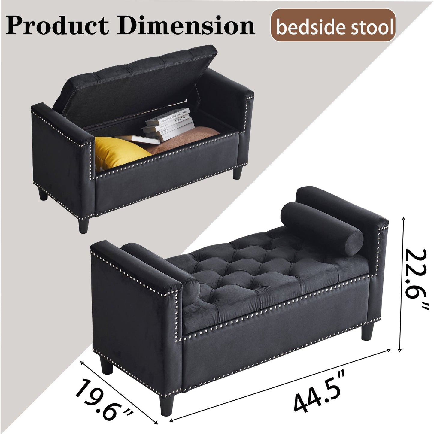 Storage Bench, 44.5-Inch Queen Velvet Button Bedside Bench, Entryway Living Room with Armrests, Nailhead Trim  Black - Korvel