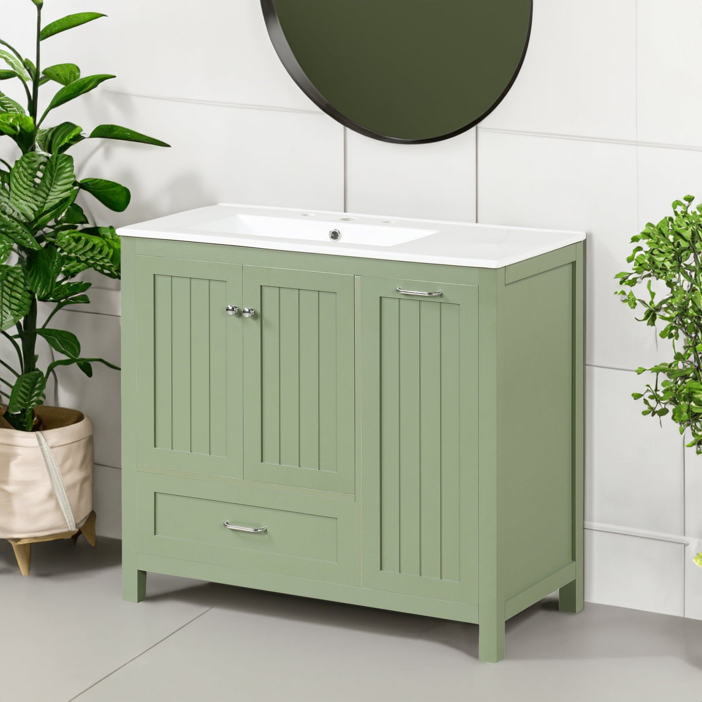 Meuble de salle de bain vert de 36" avec évier et rangement