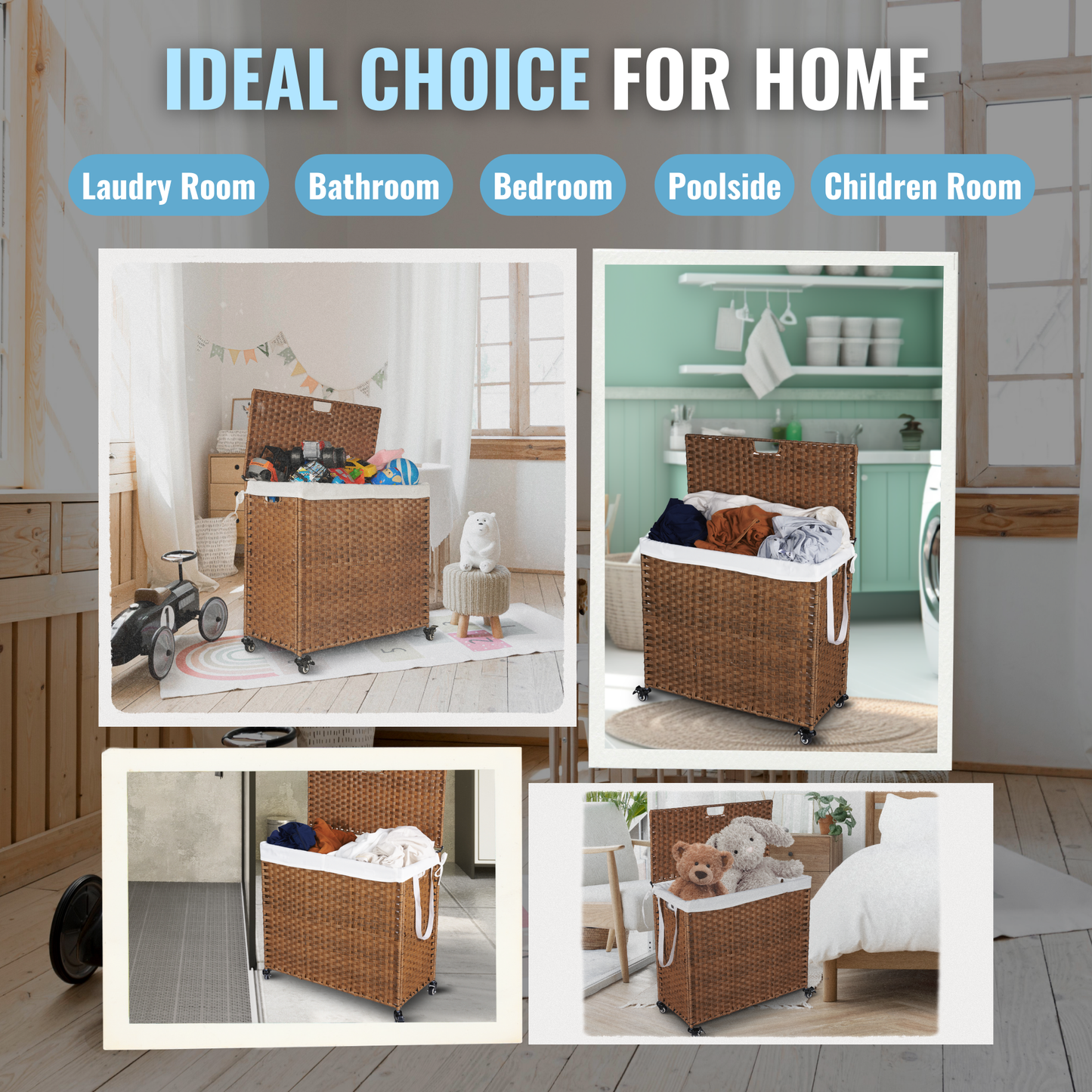 Laundry Hamper With Lid PE Rattan Powder Coating Frame Clothes Hampers with 02 Removable Bags, Wheels, 160L, Brown Color - Korvel