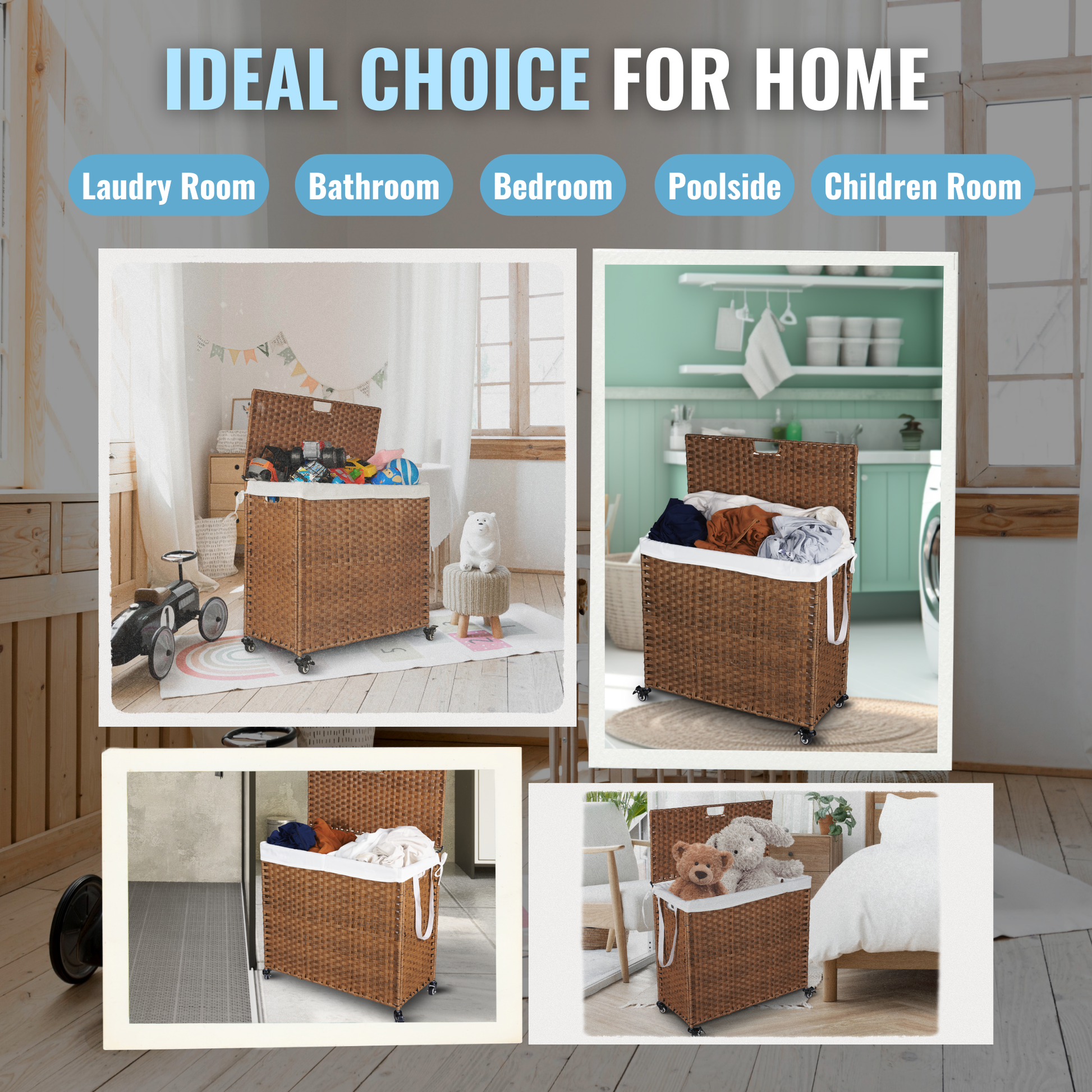 Laundry Hamper With Lid PE Rattan Powder Coating Frame Clothes Hampers with 02 Removable Bags, Wheels, 160L, Brown Color - Korvel