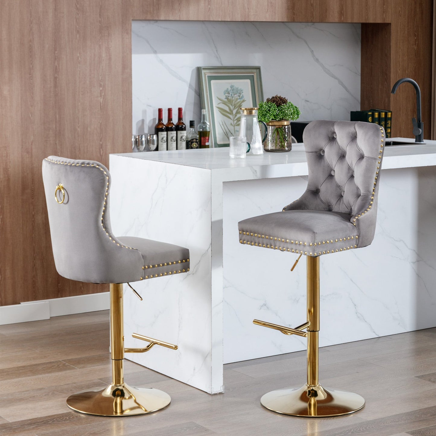 Thick gold rotating velvet bar stool with adjustable seat height of 25-33 inches and backrest (gray, set of 2 pieces) - Korvel