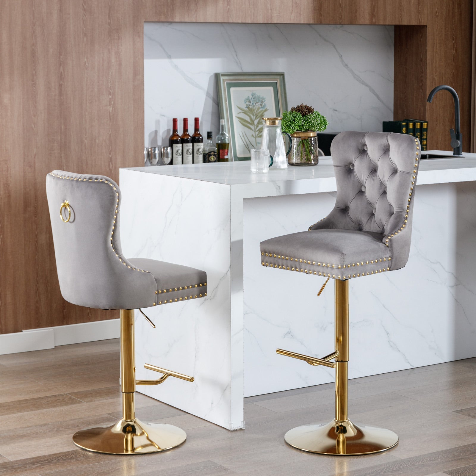 Thick gold rotating velvet bar stool with adjustable seat height of 25-33 inches and backrest (gray, set of 2 pieces) - Korvel