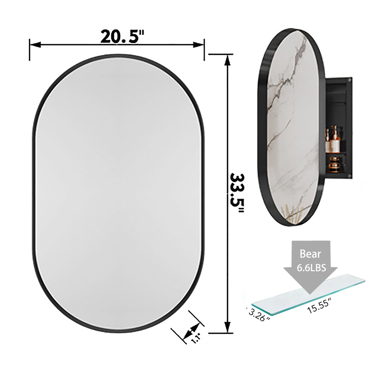 Matte Black Oval Embedded Medicine Cabinet with Mirror