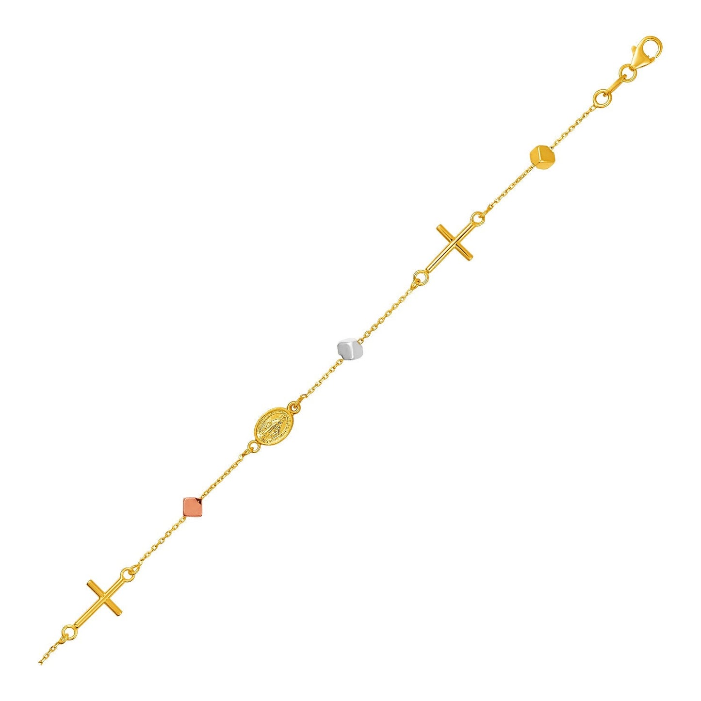 Pulsera de Oro Tri Color de 14k con Cruces y Medallones