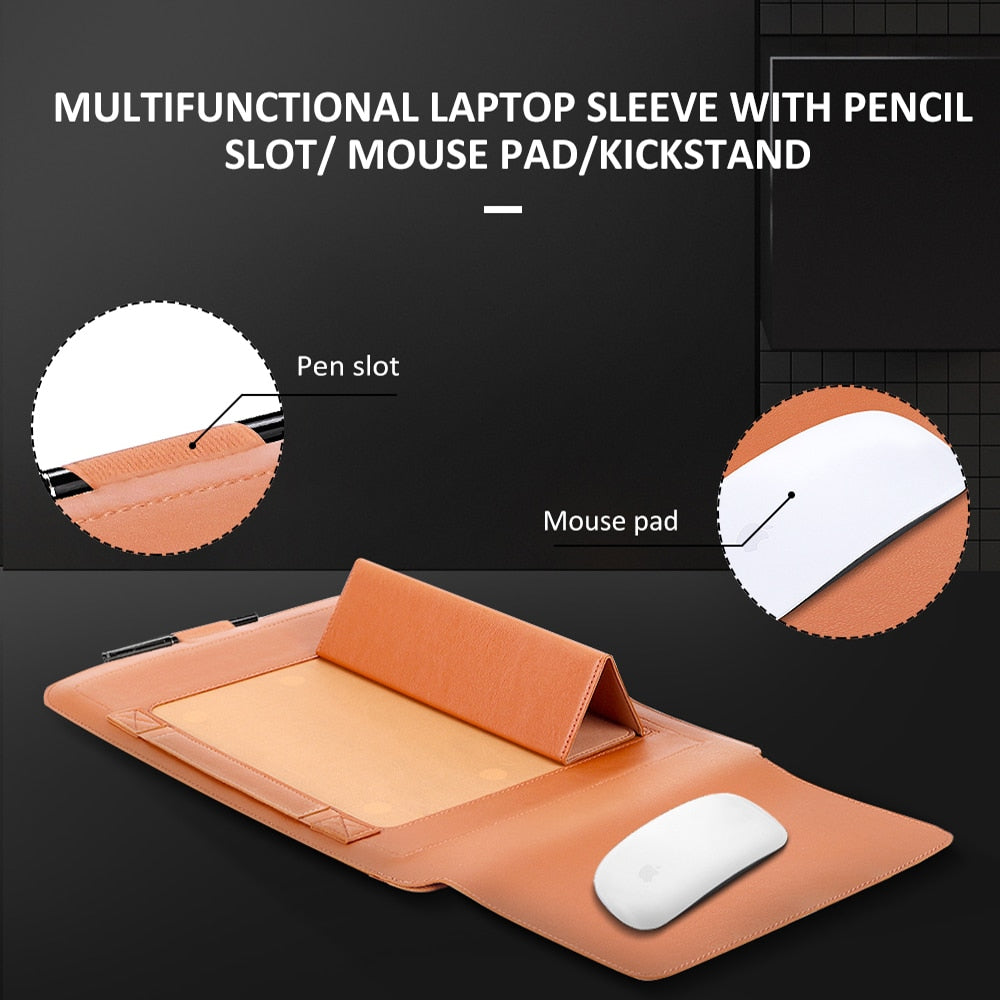 Laptop Bag PU Leather Sleeve Bag Waterproof Case For Macbook Air Pro 13 15 Portable Laptop Notebook Bag With Support Frame - Korvel