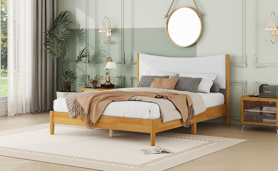 Queen Size Rubber Wooden , Solid Wooden Bed with Teddy Velvet Cushion Upholstered Headboard, Enhanced by Support Feet - Korvel