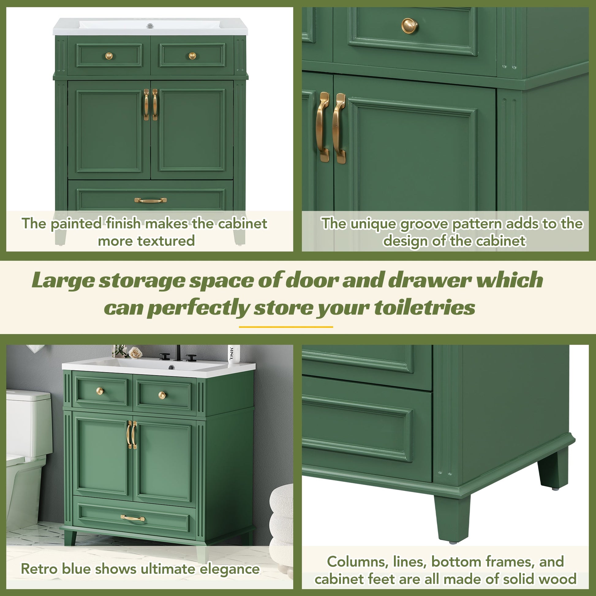 30 inch uncovered bathroom vanity with soft closed door, limited to solid wood frame bathroom storage cabinet green - Korvel