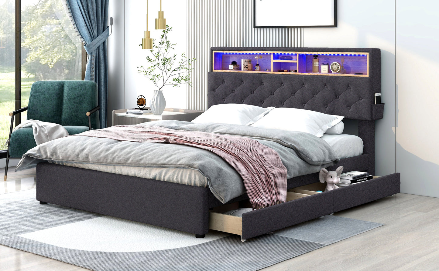 Queen Size Upholstered Platform Bed with Storage & LED, Dark Gray