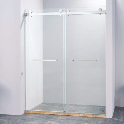56-60 "wide x 75" high frameless double sliding shower door, 304 stainless steel chrome plated, 8mm thick SGCC tempered transpar - Korvel