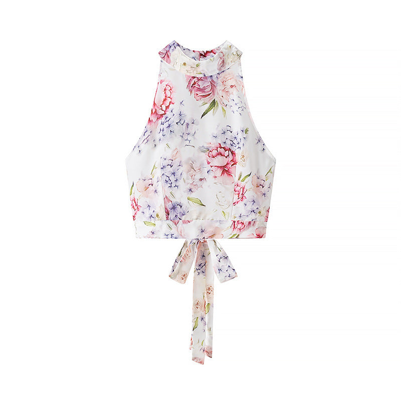 Fashionable and Sexy Halter Sleeveless Top with Floral Print Skirt - Korvel