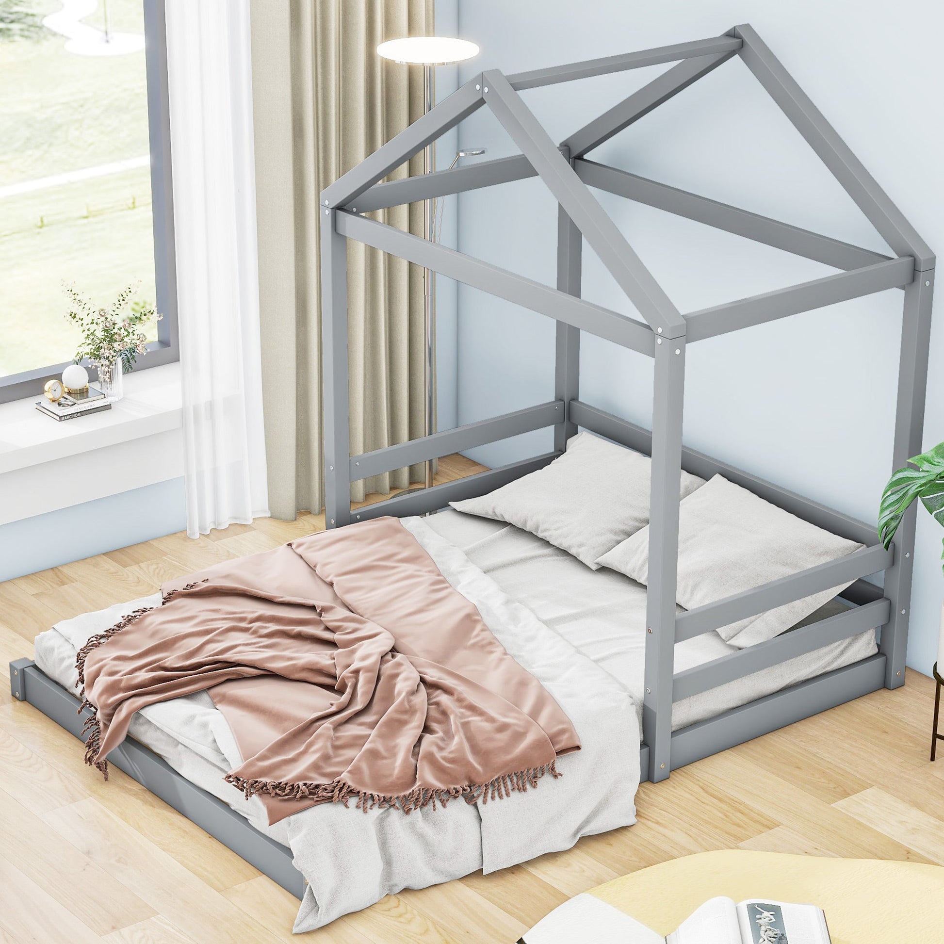 Wood Full Size House Bed with Guardrail, Grey - Korvel