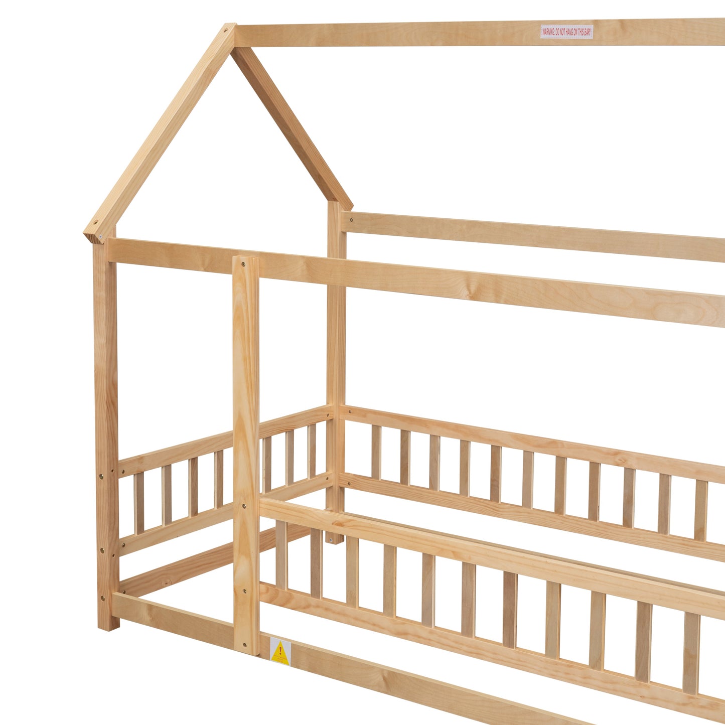 Lit en bois taille twin avec cadre de toit de maison et barrières de sécurité