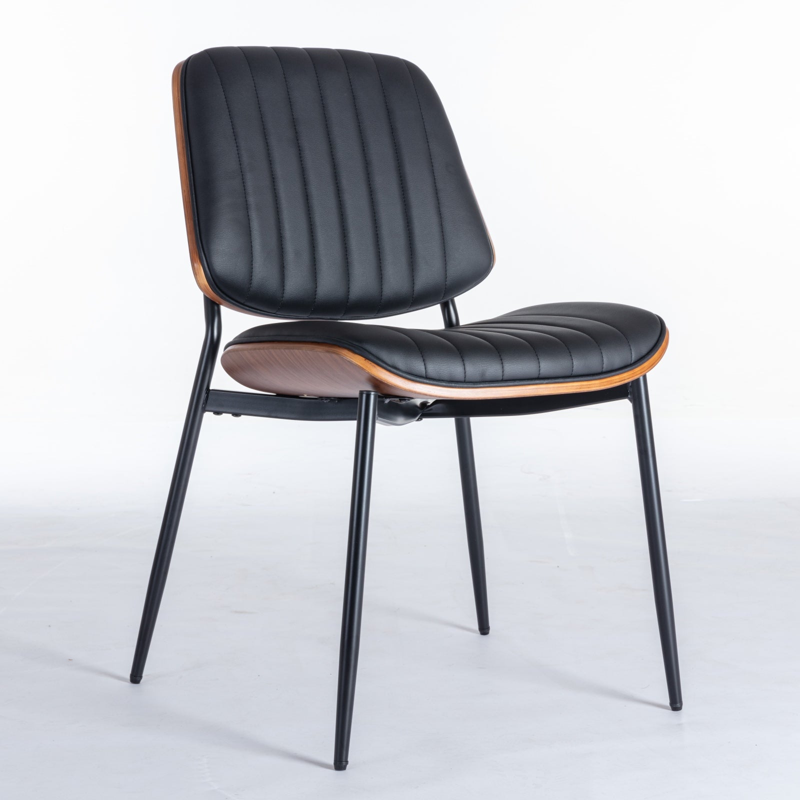 2-piece retro linen chair set with curved wooden backrest, cushioned seat, adjustable metal legs, (Black PU) - Korvel