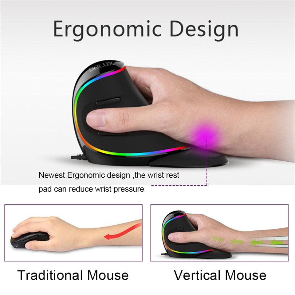 Delux M618 PLUS Ergonomics Vertical Gaming Mouse 6 Buttons 4000 DPI RGB Wired/Wireless Right Hand Mice For PC Laptop Computer - Korvel