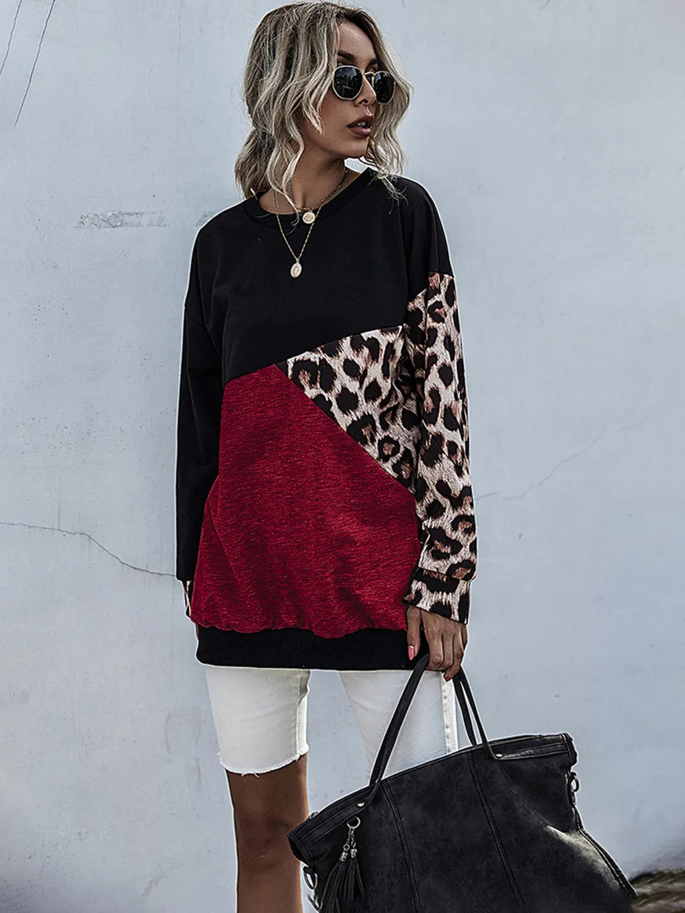 Leopard Contrast Long Sleeve Sweatshirt - Korvel
