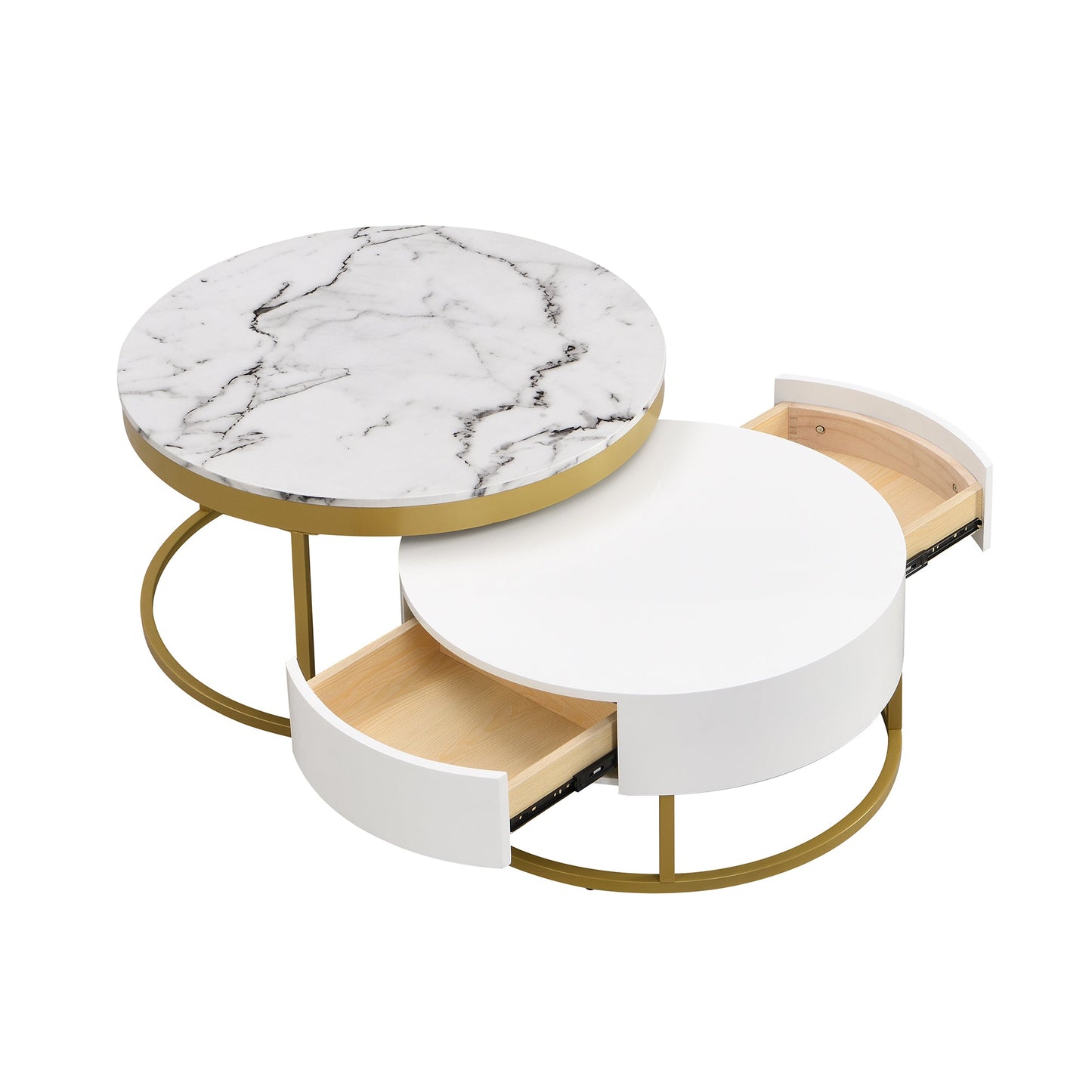 Mesa de café moderna redonda apilable con cajones en blanco