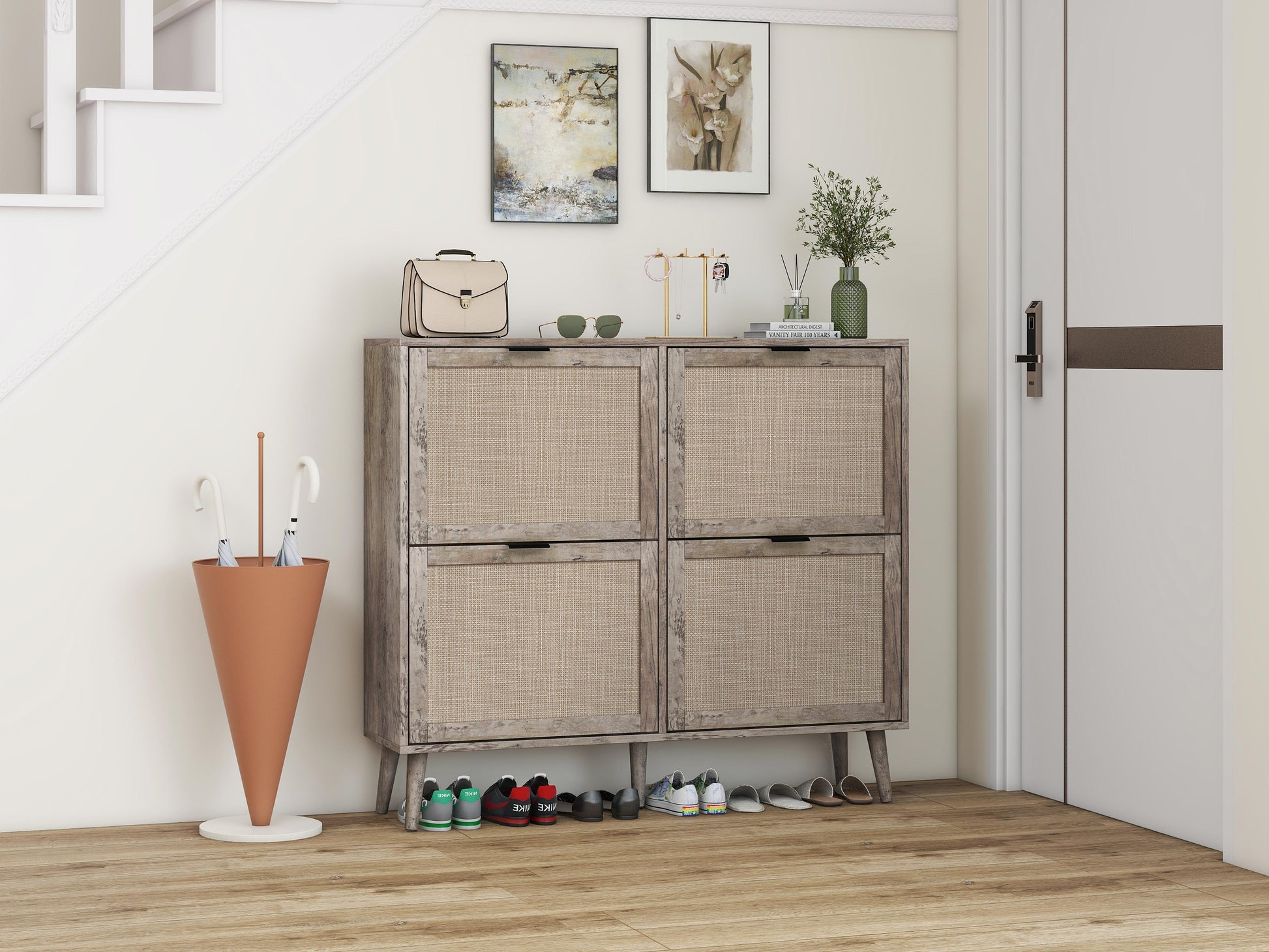 4 Door Shoe Rack, Freestanding Modern Shoe Storage Cabinet, for Entryway - Korvel