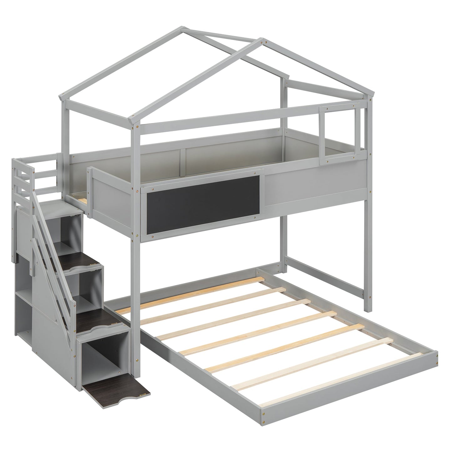 Twin over Full House Bunk Bed with Storage Staircase and Blackboard Gray - Korvel