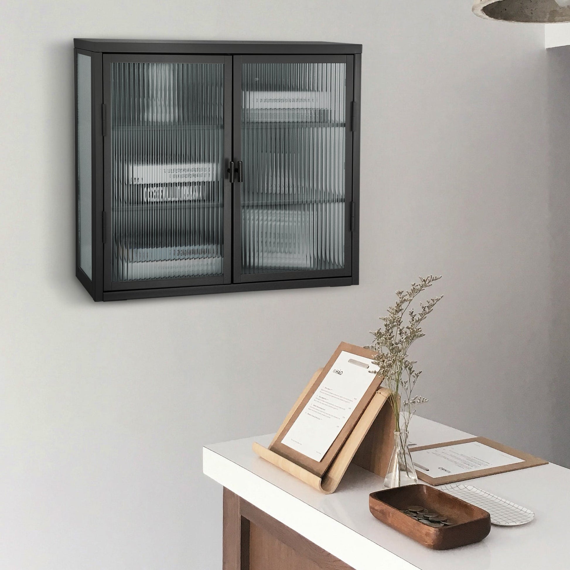 Retro Style Haze Double Glass Door Wall Cabinet With Detachable Shelves for Office Dining Room Living Room - Korvel