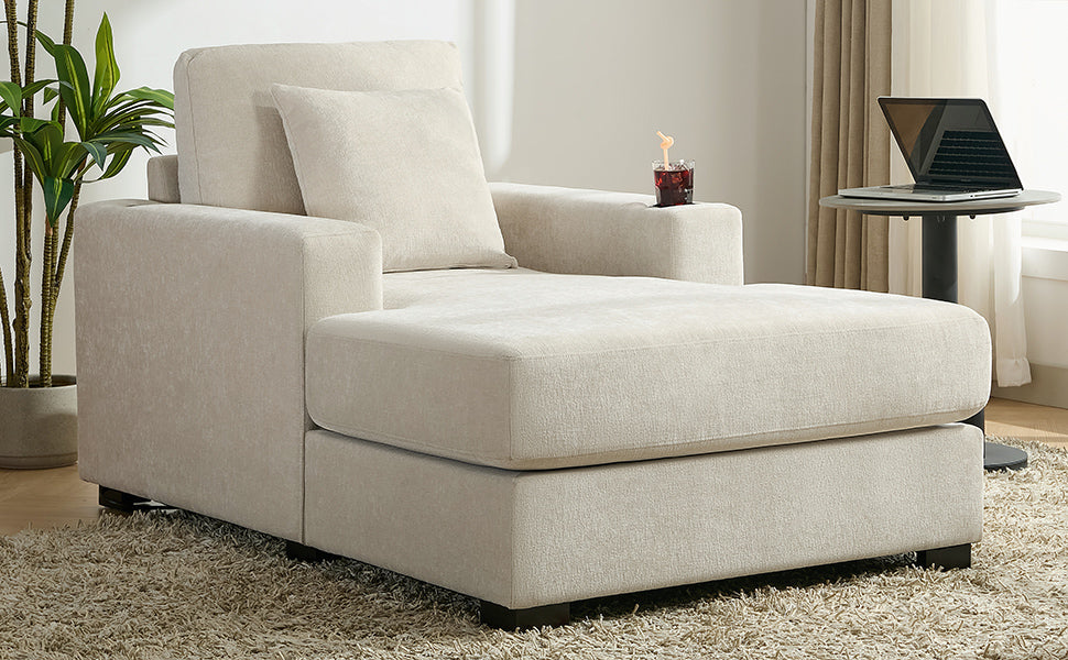 39.7" Oversized Chaise Lounger Modern Style Sofa Couch ,with Pillows, Charge Station & Cup Holders, Chenille Fabric, Cream - Korvel