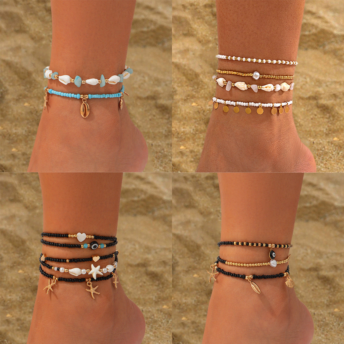 Conjunto de Tobilleras Elegantes de Perlas de Arroz Circulares para Playa - 3 Piezas