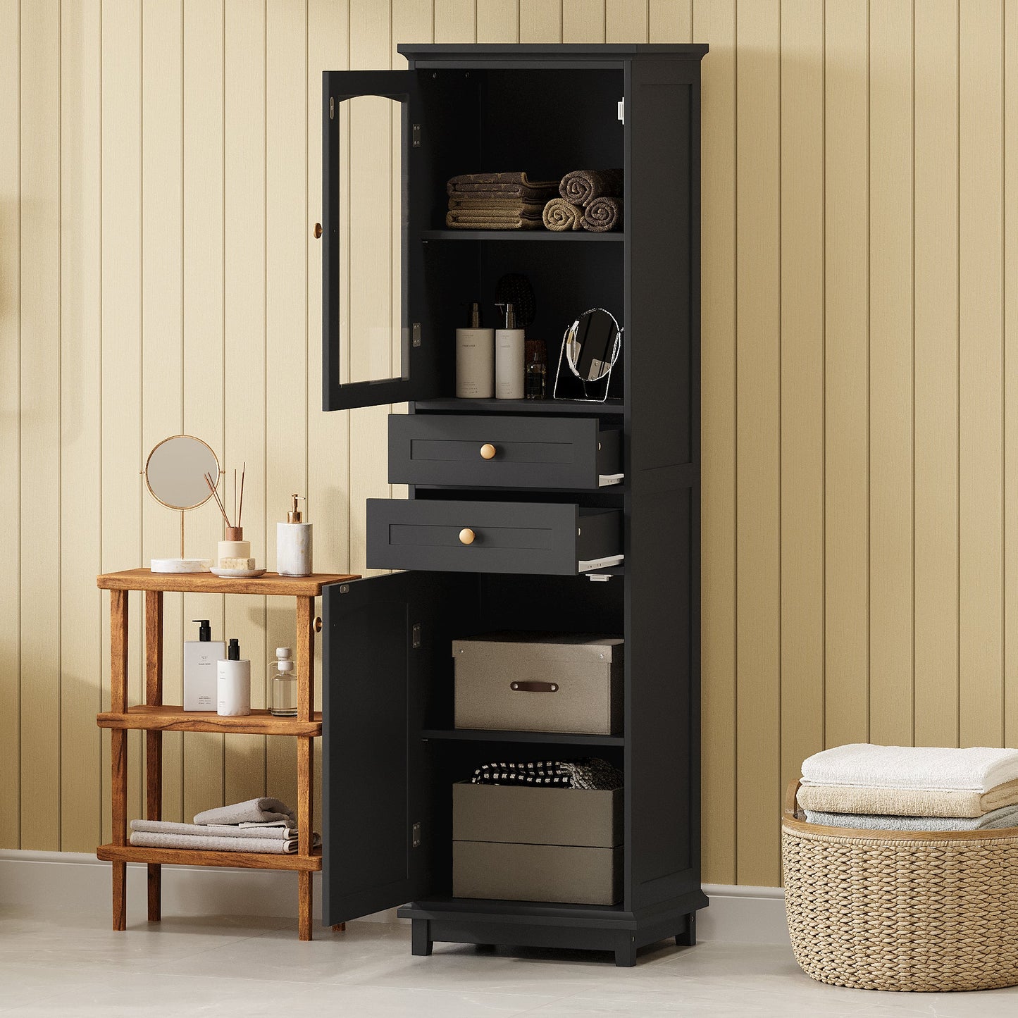 Tall Bathroom Storage Cabinet with Glass Doors, Free-Standing, Two Drawers, and Adjustable Shelves, MDF Board, Painted Black - Korvel