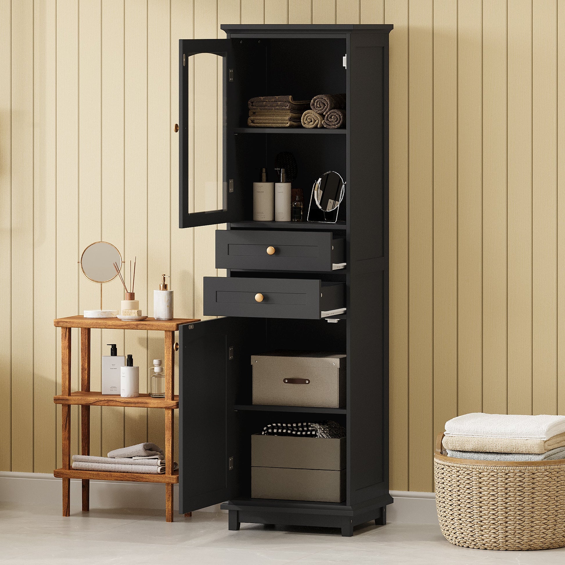 Tall Bathroom Storage Cabinet with Glass Doors, Free-Standing, Two Drawers, and Adjustable Shelves, MDF Board, Painted Black - Korvel
