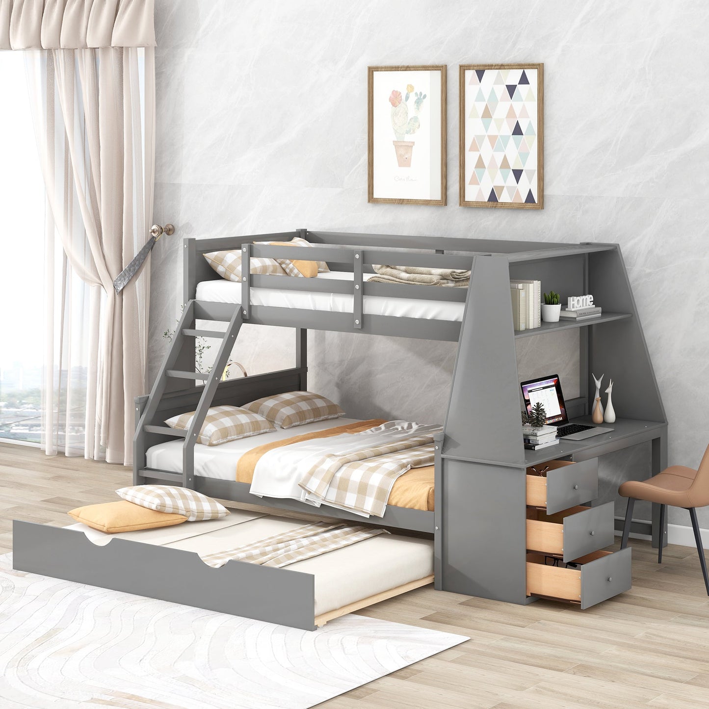 Lit superposé jumeau sur grand lit avec lit gigogne et bureau en gris