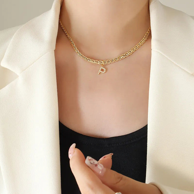 Brass Inlaid Zircon Letter Pendant Necklace - Korvel