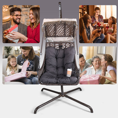 Swing Egg Chair with Stand Indoor Outdoor Wicker Rattan Frame 350lbs Capacity Hammock Chair - Korvel