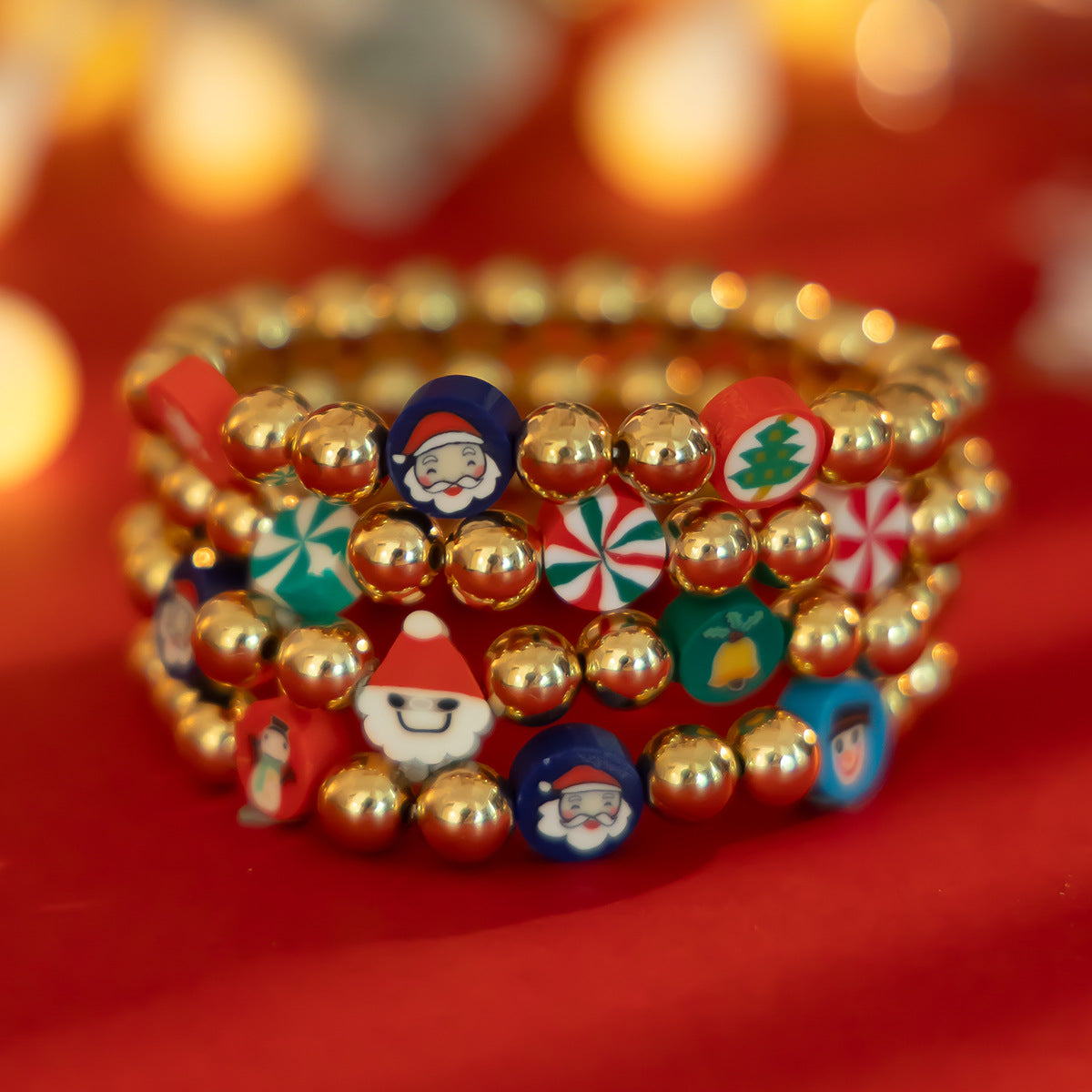 Conjunto de Pulseras de Cerámica Suave con Perlas de Caramelo Navideño