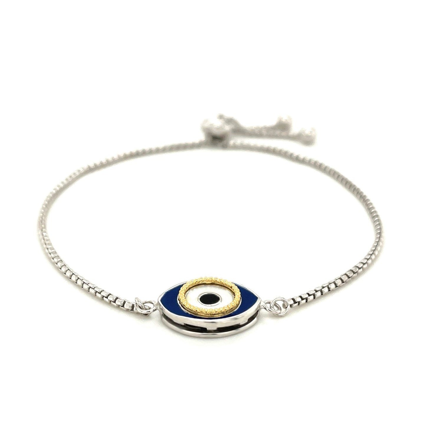 Bracelet en argent sterling ajustable à deux tons émaillé avec œil maléfique
