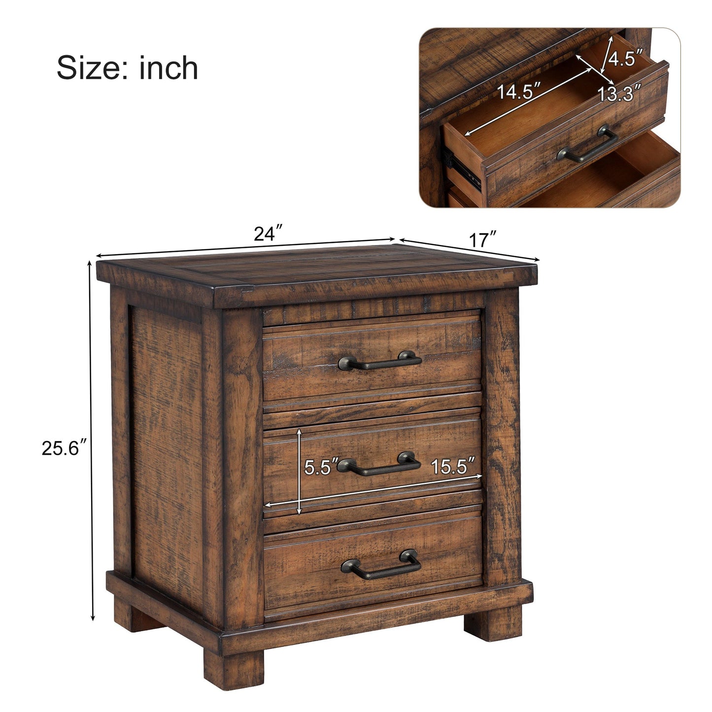 Rustic Three Drawer Reclaimed Solid Wood Framhouse Nightstand - Korvel