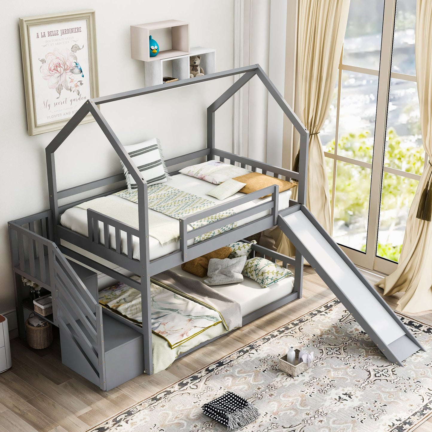 Lit superposé maison jumeau sur jumeau avec toboggan et escalier de rangement - Gris