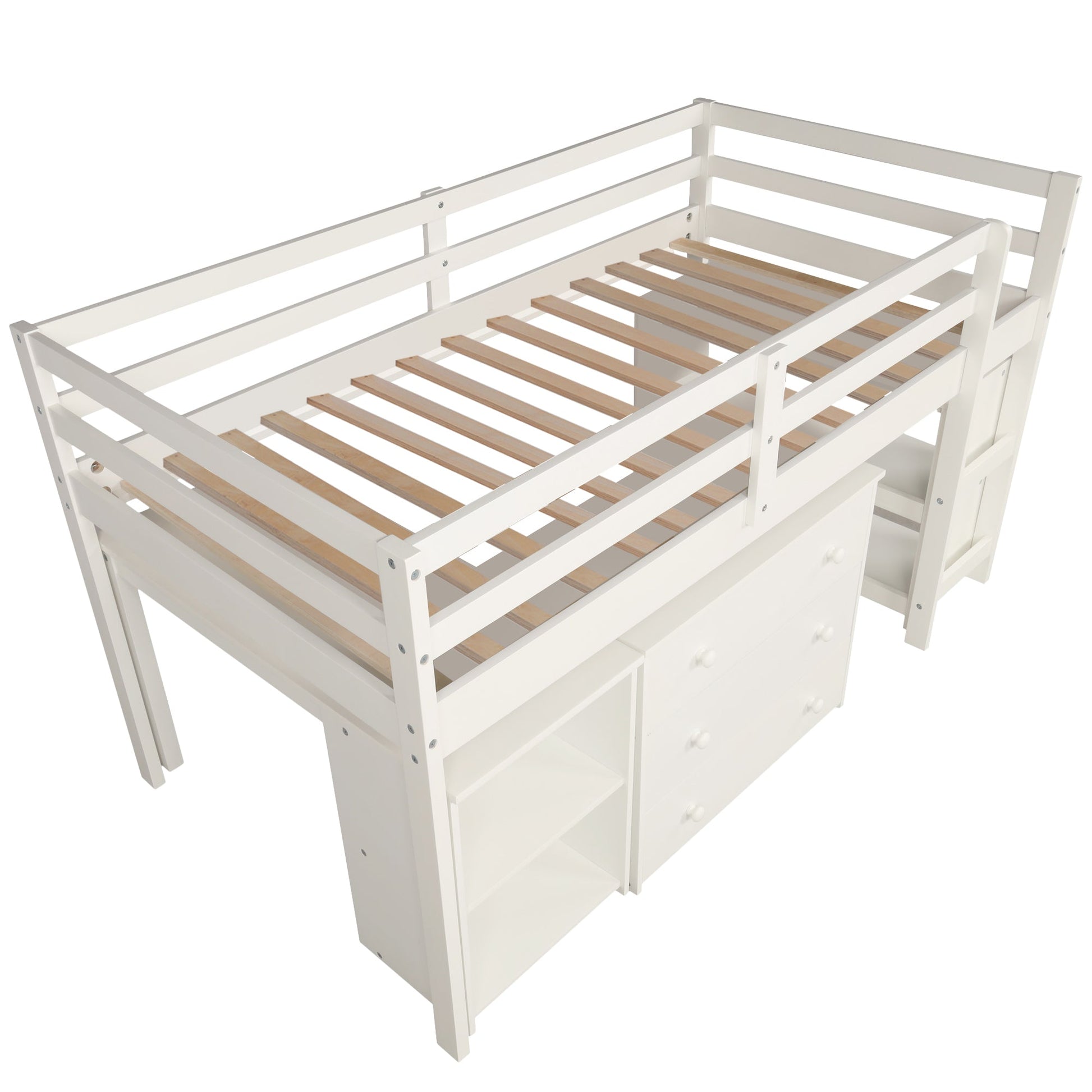 Low Study Twin Loft Bed with Cabinet and Rolling Portable Desk - White (OLD SKU :LP000113AAK) - Korvel
