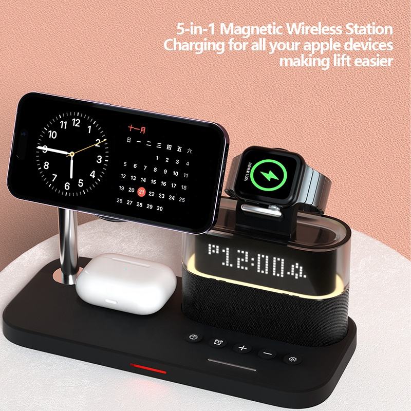 Cargador Inalámbrico Magnético 3 en 1 con Reloj para Dispositivos Apple