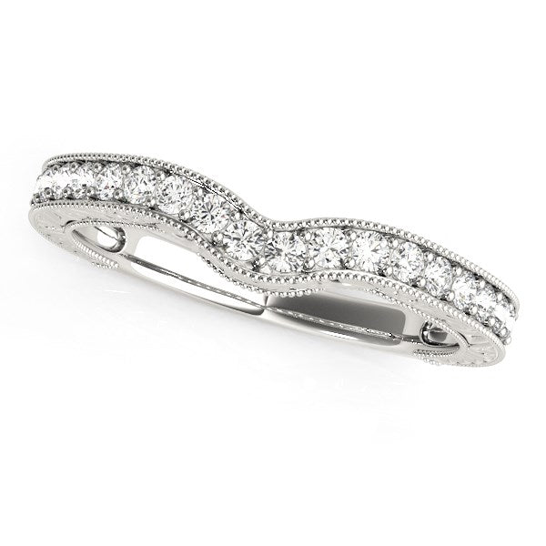 Anillo de boda de diamantes curvados con borde de cuentas de oro blanco de 14k