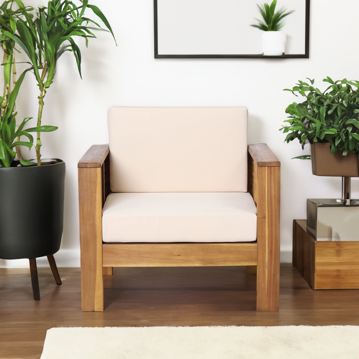 ( Set of 2) Outdoor Acacia Wood Club Chairs with Cushions, Teak+Beige, 27.75"D x 32"W x 27.75"H - Korvel