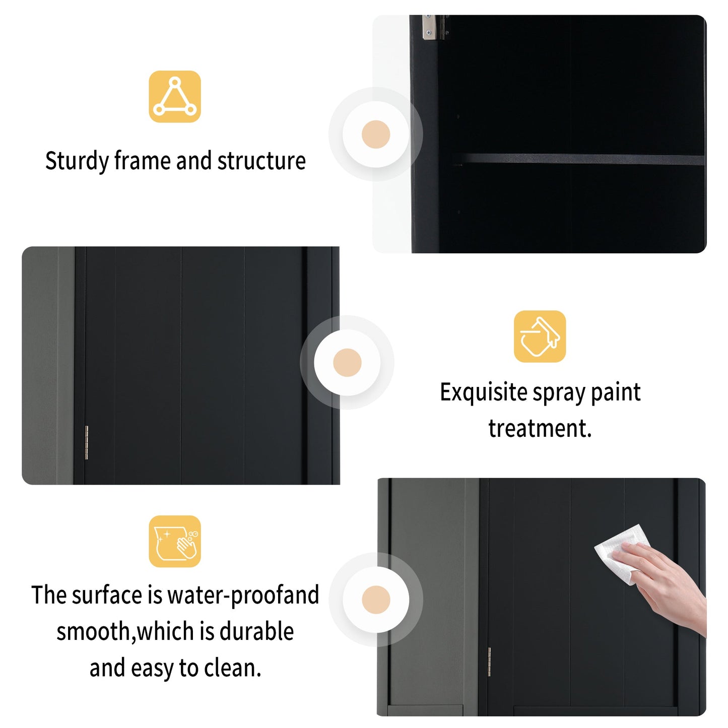 Tall Bathroom Storage Cabinet with Glass Doors, Free-Standing, Two Drawers, and Adjustable Shelves, MDF Board, Painted Black - Korvel