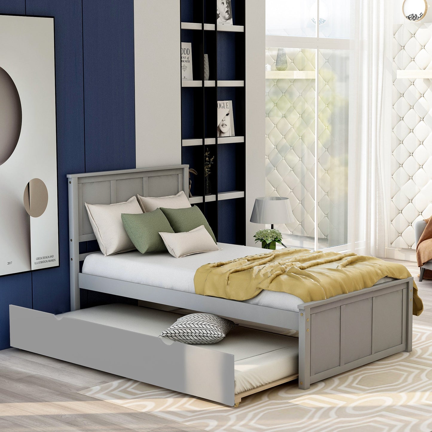 Cama Plataforma Gris con Estructura de Cama Trundle de Tamaño Individual