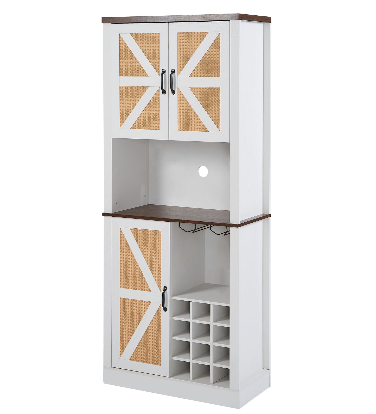 76 Inch Tall Farmhouse Kitchen Faux Rattan Wine Cabinet, Kitchen Bar Cabinet with Square Compartments and Shelves - Korvel