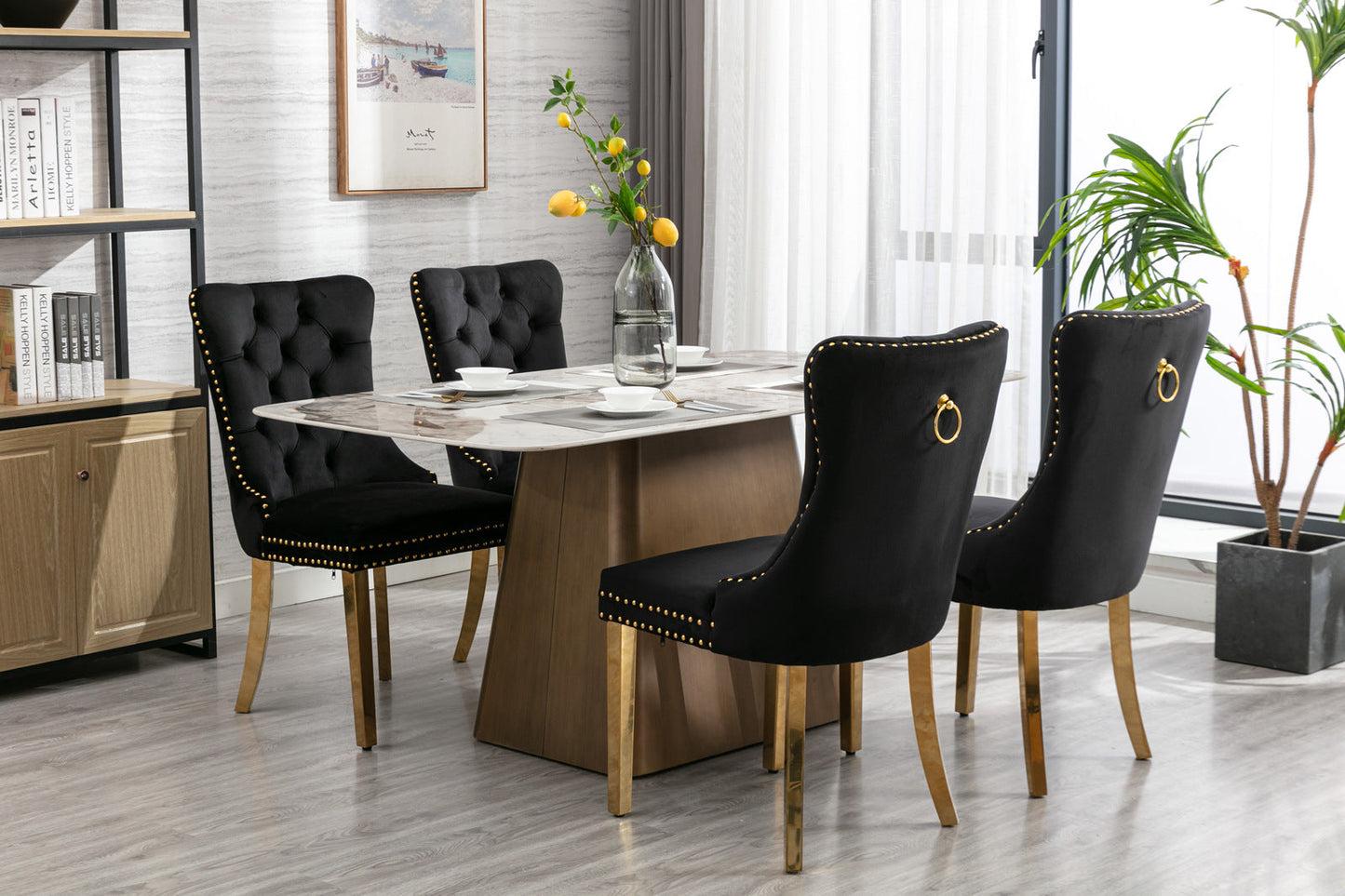Elegant Black Velvet Dining Chair Set with Gold Accents