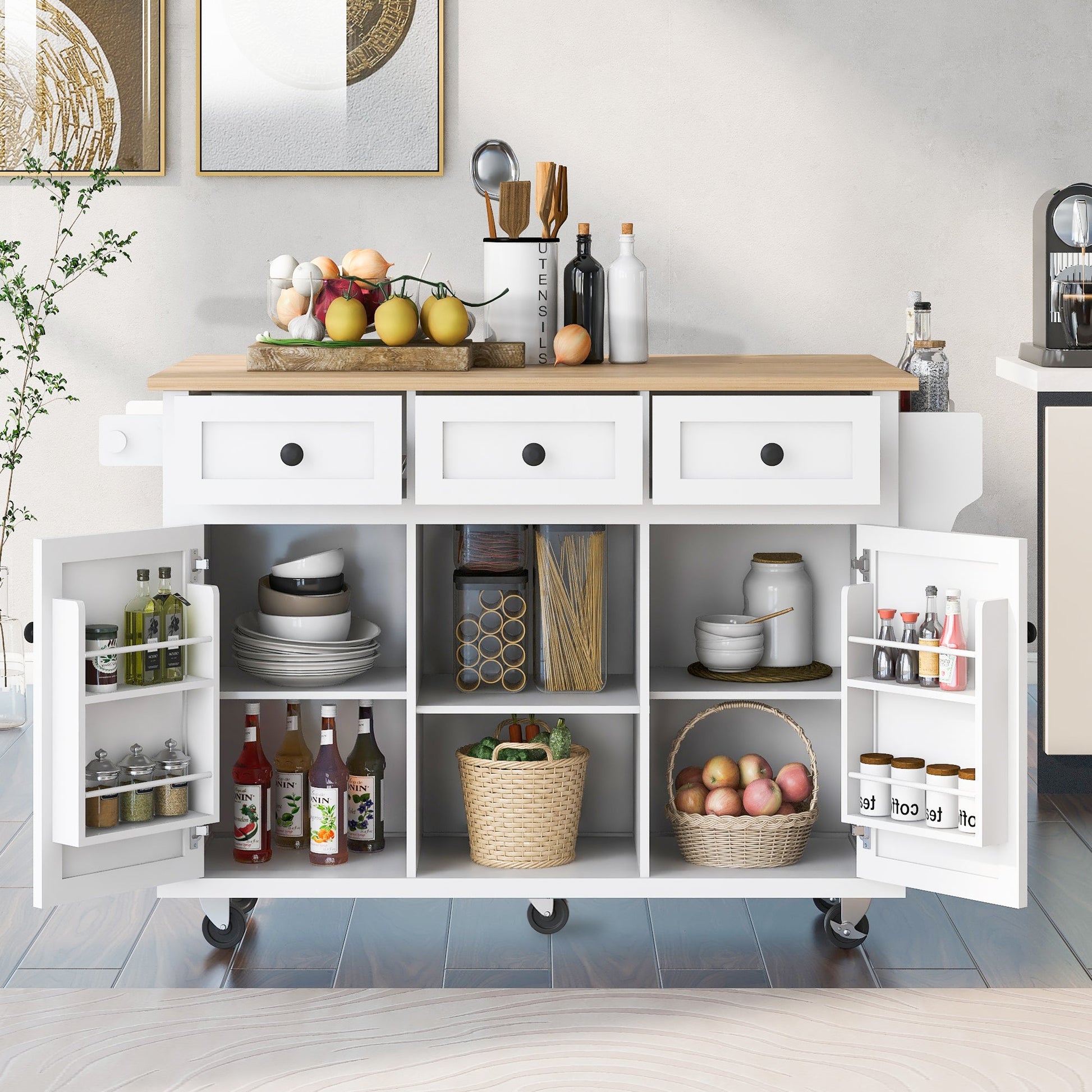 Kitchen trolley with rubber wood leaf countertop, 5-wheel kitchen island, storage cabinet and 3 dining drawers, white - Korvel
